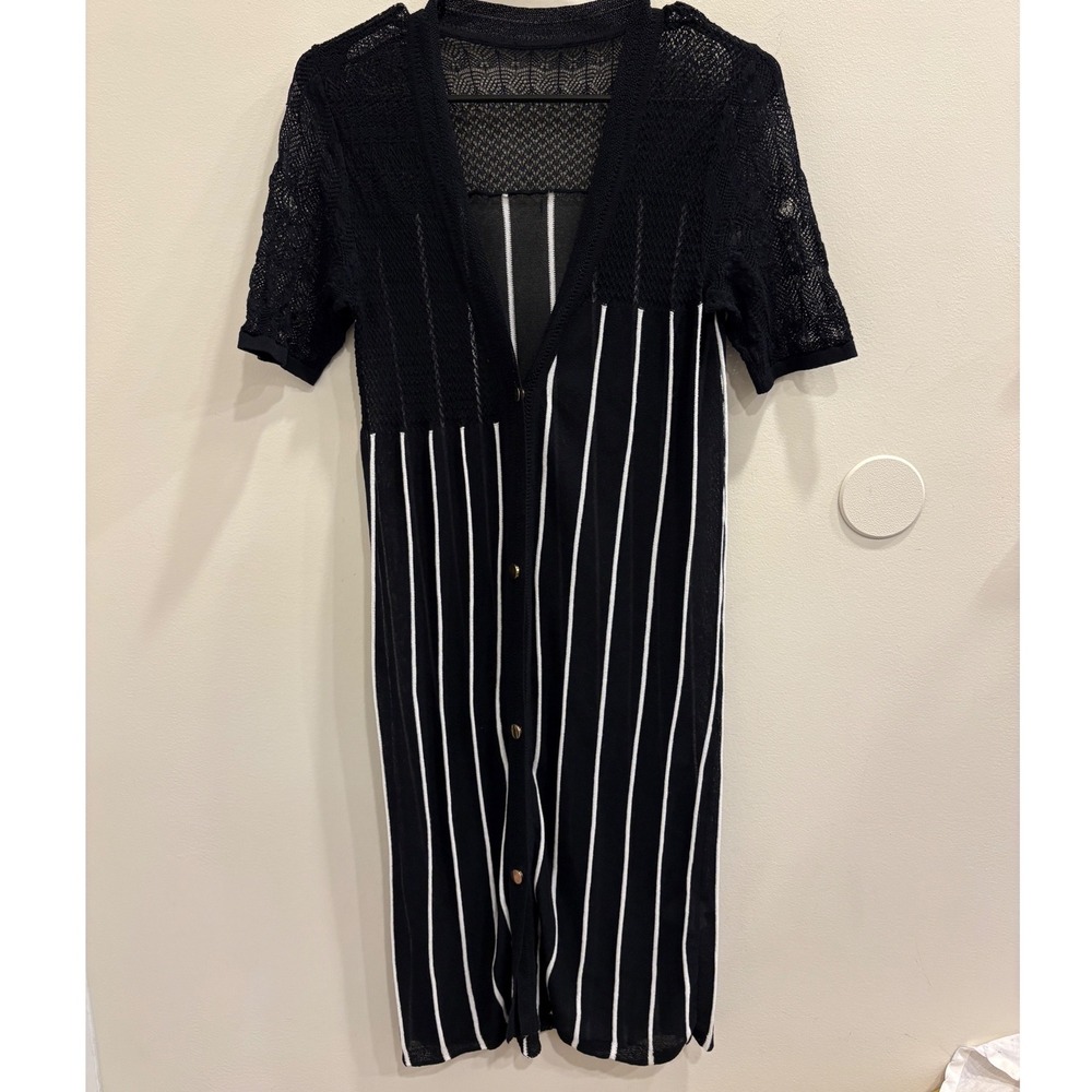 Black White Striped Linen Blend Knit Crochet Lace Duster Cardigan Semi-Sheer S